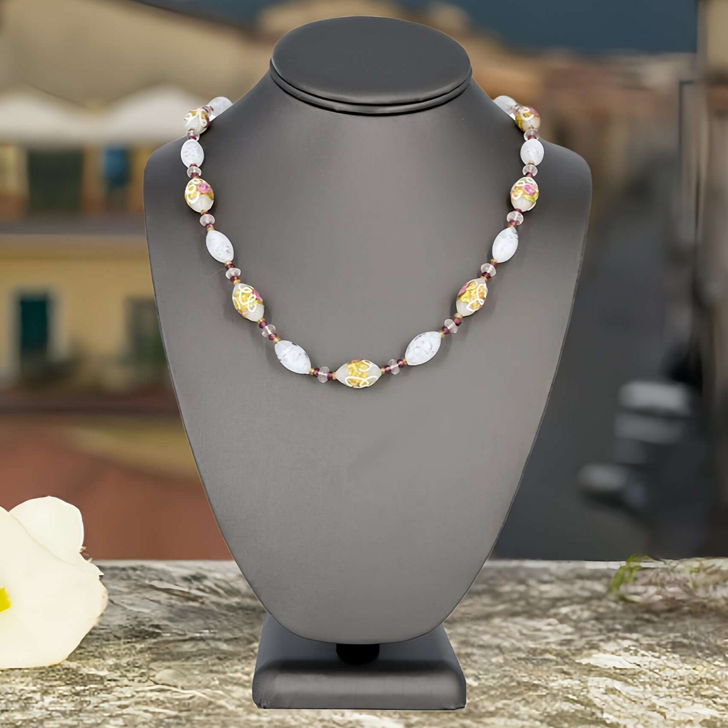 White Floral Wedding Cake Italian Bead Murano Glass Necklace with Citrine, Garnet and Rose Quartz - Sterling Silver Clasp  