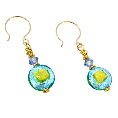 Contemporary Style Blue and Green Lentil Murano Glass Earrings with Austrian Crystal on Gold Filled Earring Wires  