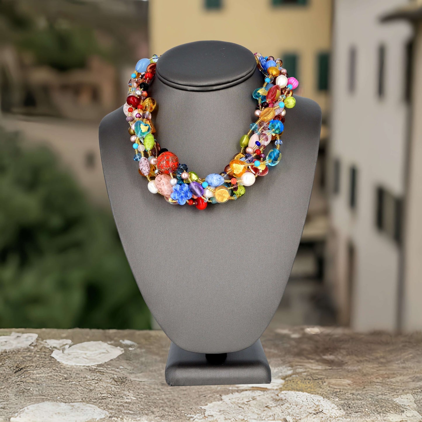 Multi-Strand Choker Necklace with Multi-Color Italian Beads and Austrian Crystals and Gemstones  