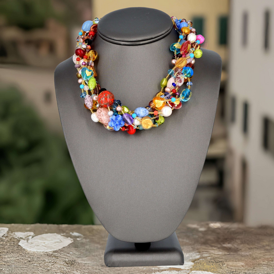 Multi-Strand Choker Necklace with Multi-Color Italian Beads and Austrian Crystals and Gemstones  