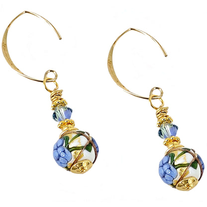 Blue Floral Round Bead Murano Glass Drop Earrings with Austrian Crystal on Gold-Filled Earring Wires  