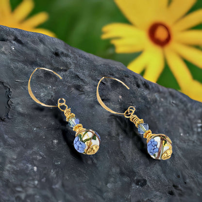 Blue Floral Round Bead Murano Glass Drop Earrings with Austrian Crystal on Gold-Filled Earring Wires  