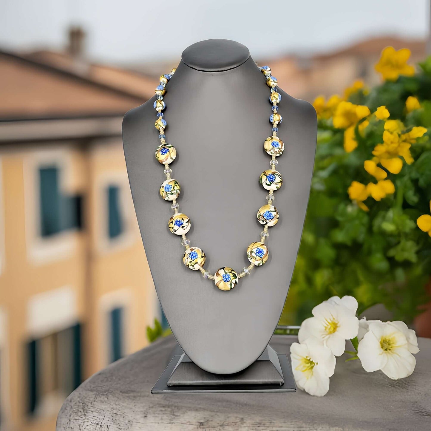 Blue Floral Gold Foil Italian Bead Necklace with Citrine and Austrian Crystals  