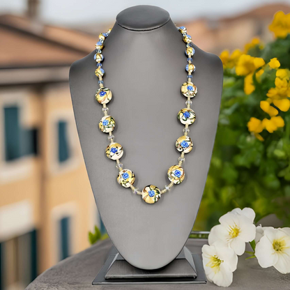 Blue Floral Gold Foil Italian Bead Necklace with Citrine and Austrian Crystals  