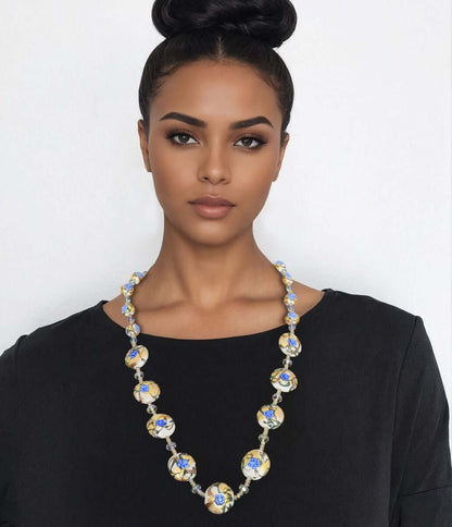 Blue Floral Gold Foil Italian Bead Necklace with Citrine and Austrian Crystals  