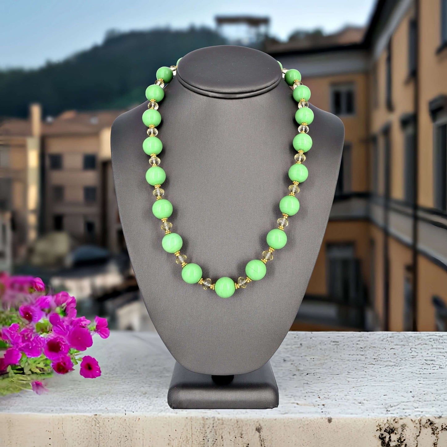 Green Italian Murano Glass Ball Necklace with Austrian Crystals  