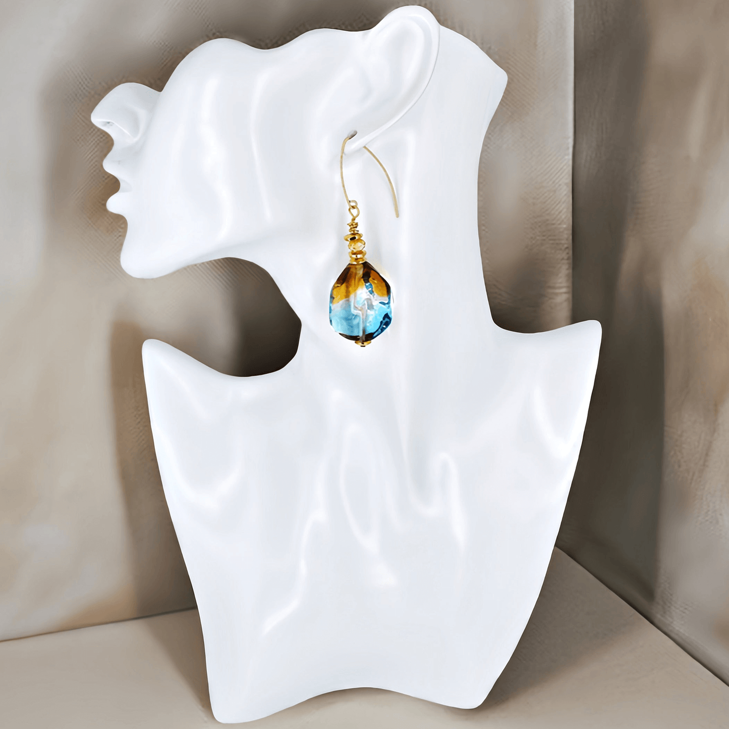 Orange and Blue Bi-Color Large Murano Glass Earrings with Austrian Crystals on Gold-Filled Earring Wire  