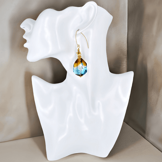 Orange and Blue Bi-Color Large Murano Glass Earrings with Austrian Crystals on Gold-Filled Earring Wire  