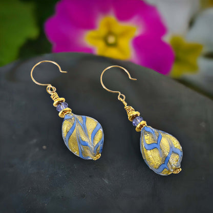 Blue and Gold Wavy Murano Glass Earrings with Austrian Crystals on Gold Filled Earring Wires  