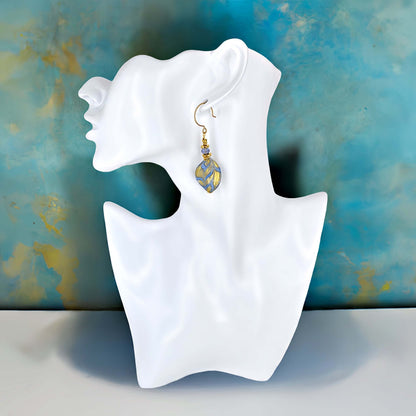 Blue and Gold Wavy Murano Glass Earrings with Austrian Crystals on Gold Filled Earring Wires  