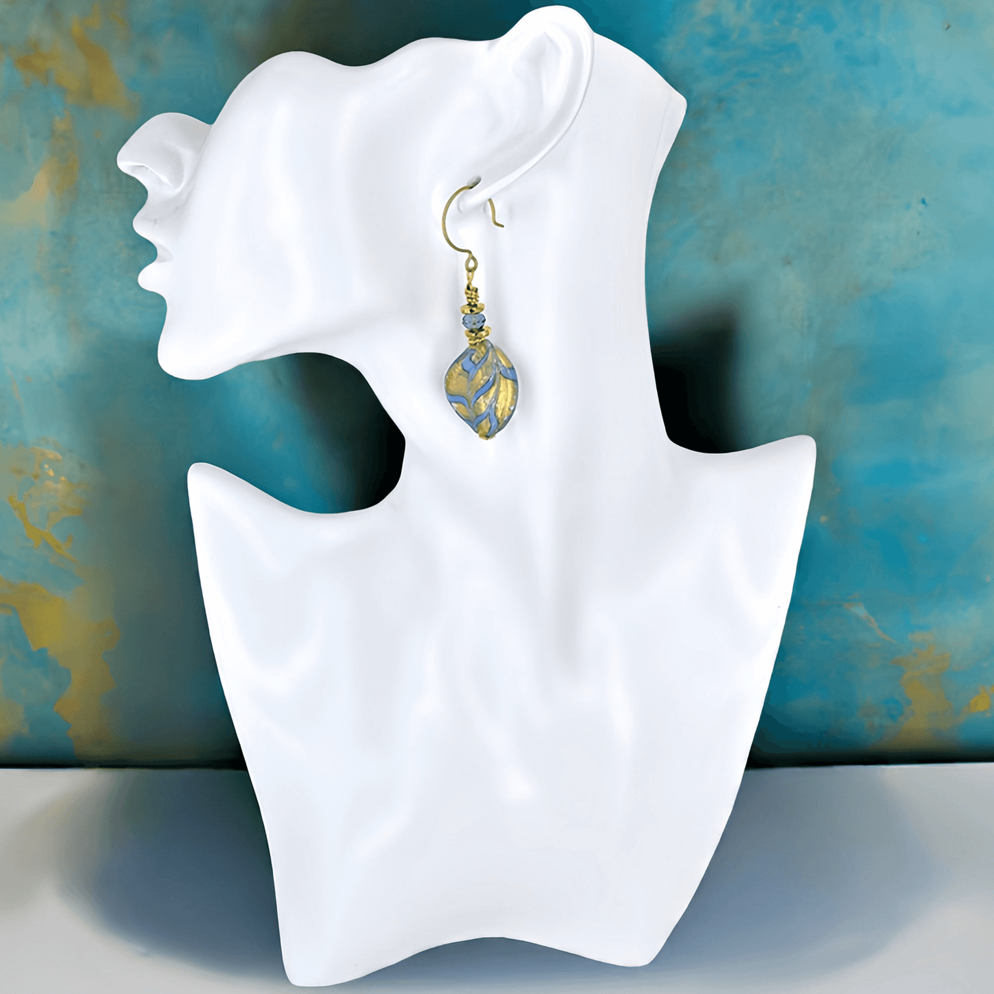 Blue and Gold Wavy Murano Glass Earrings with Austrian Crystals on Gold Filled Earring Wires  