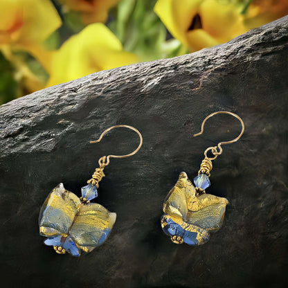 Gold and Blue Murano Glass Butterfly Earrings with Austrian Crystals on Gold Filled Earrings  