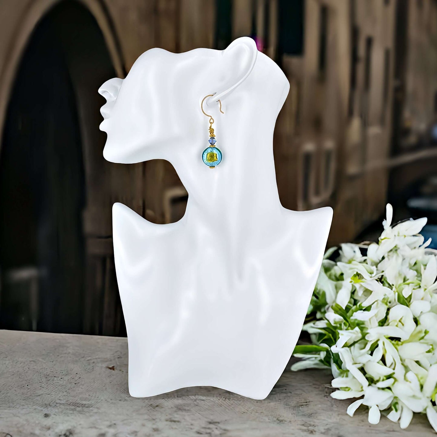 Contemporary Style Blue and Green Lentil Murano Glass Earrings with Austrian Crystal on Gold Filled Earring Wires  