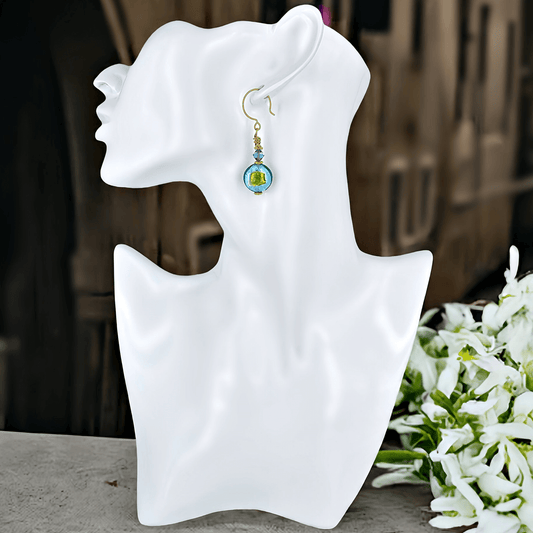 Contemporary Style Blue and Green Lentil Murano Glass Earrings with Austrian Crystal on Gold Filled Earring Wires  