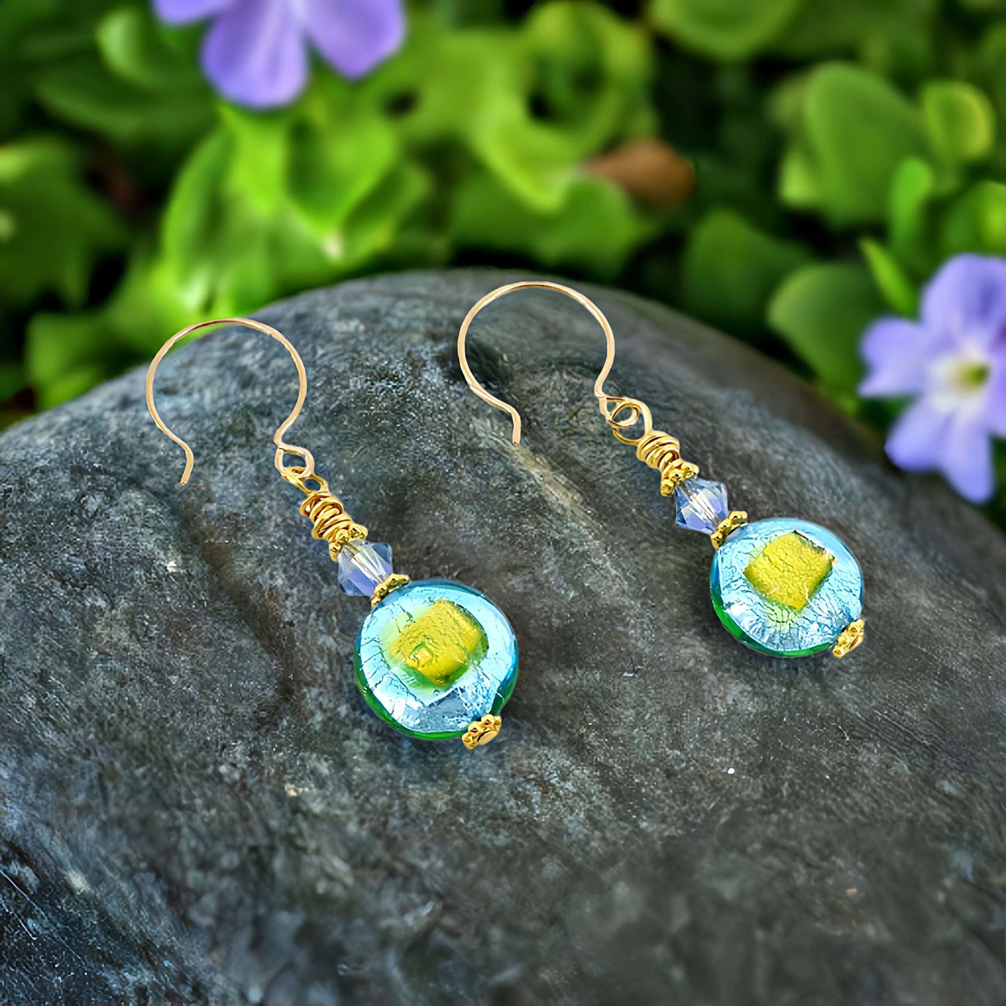 Contemporary Style Blue and Green Lentil Murano Glass Earrings with Austrian Crystal on Gold Filled Earring Wires  