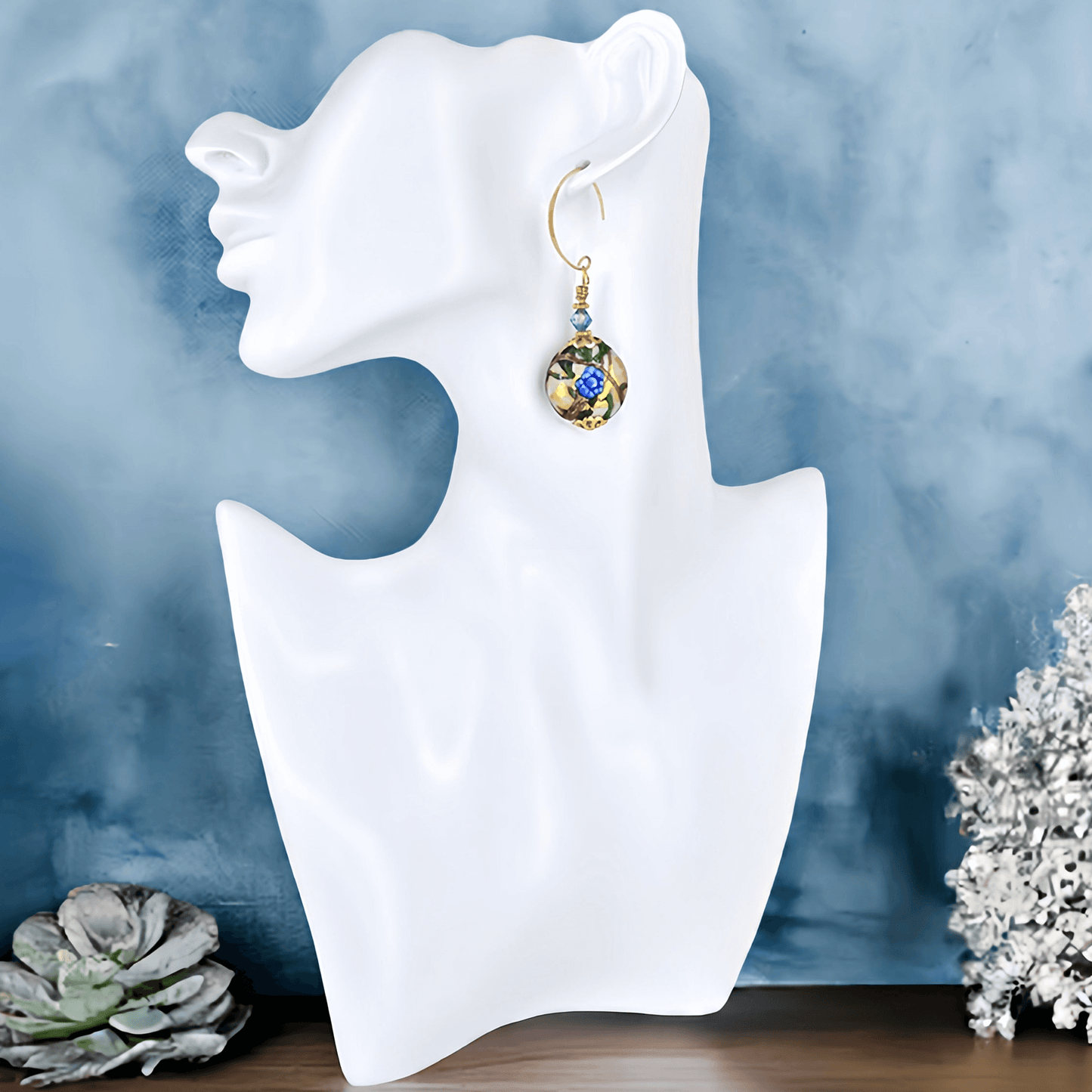 Blue Floral Large Lentil Venetian Bead Earrings with Gold-Filled Earring Wires  