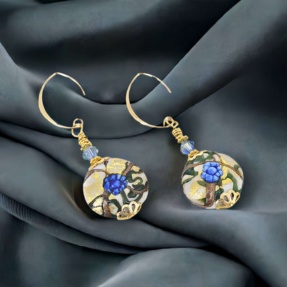 Blue Floral Large Lentil Venetian Bead Earrings with Gold-Filled Earring Wires  