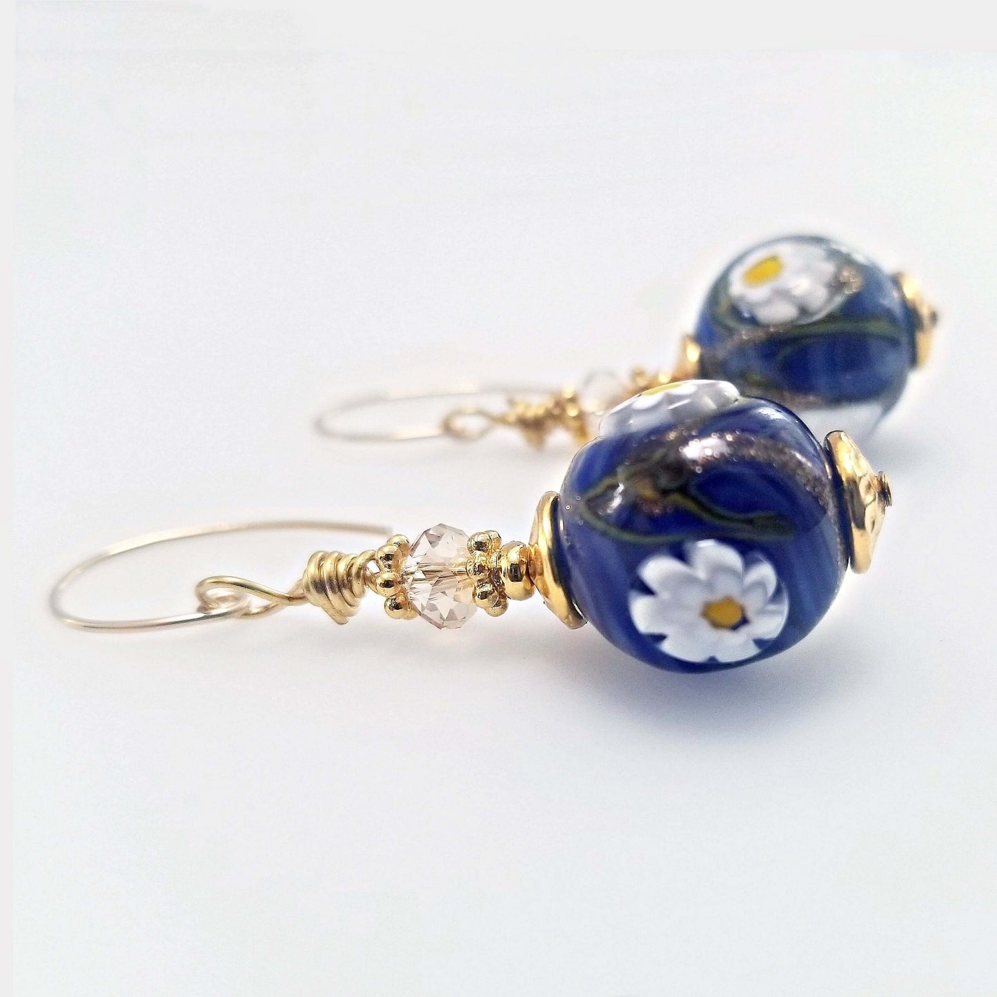 Blue Round Millefiori Italian Bead Earrings with White Floral on Gold-Filled Earring Wires  