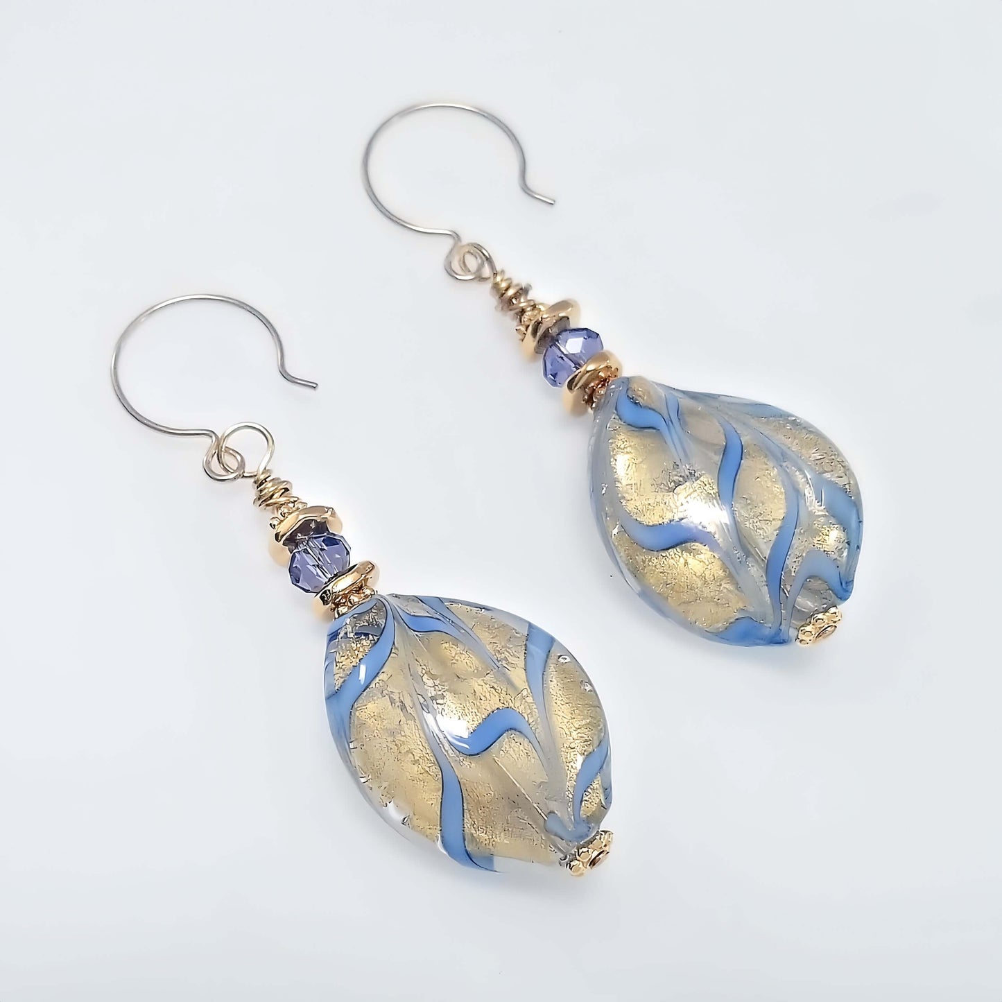 Blue and Gold Wavy Murano Glass Earrings with Austrian Crystals on Gold Filled Earring Wires  