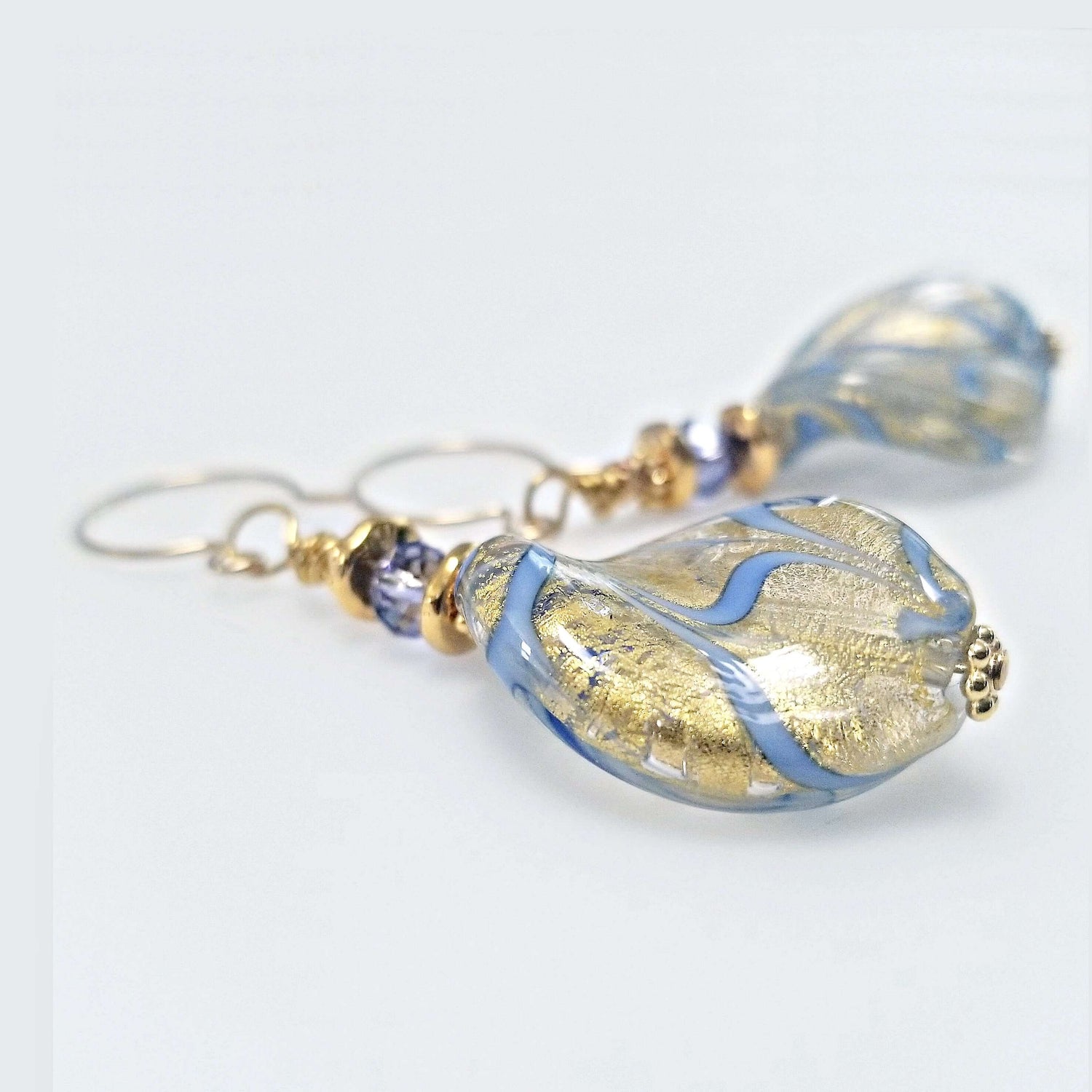 Blue and Gold Wavy Murano Glass Earrings with Austrian Crystals on Gold Filled Earring Wires  