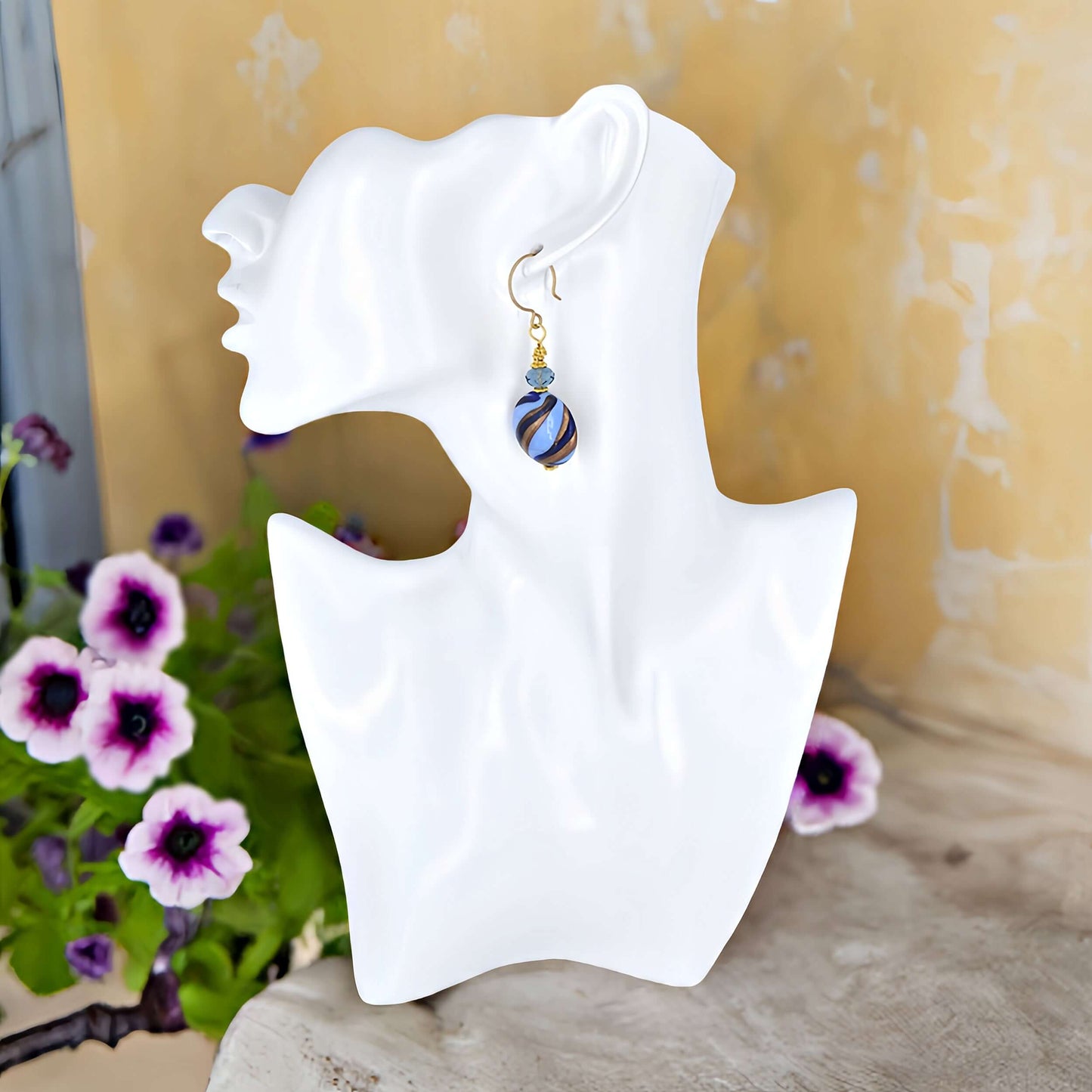 Blue Stripe Venetian Glass Earrings with Austrian Crystal on Gold Filled Earwires  