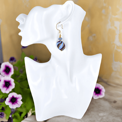 Blue Stripe Venetian Glass Earrings with Austrian Crystal on Gold Filled Earwires  