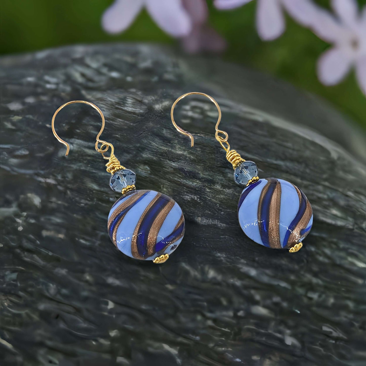 Blue Stripe Venetian Glass Earrings with Austrian Crystal on Gold Filled Earwires  