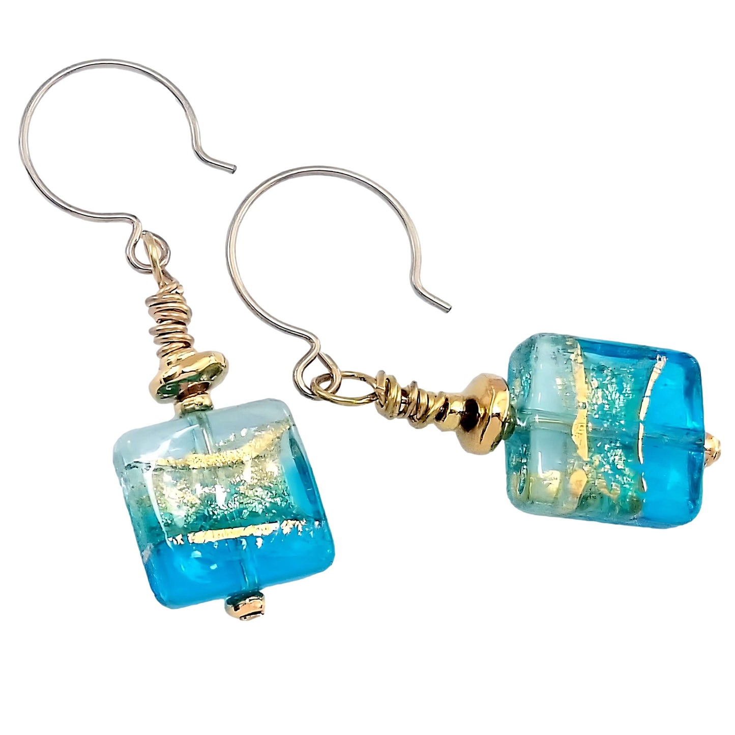 Blue and Gold Murano Glass Drop Earrings with Gold Filled Earring Wires  