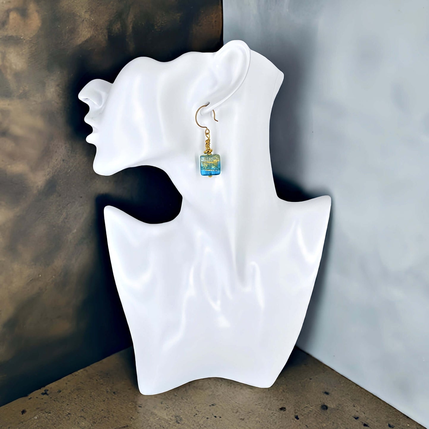 Blue and Gold Murano Glass Drop Earrings with Gold Filled Earring Wires  