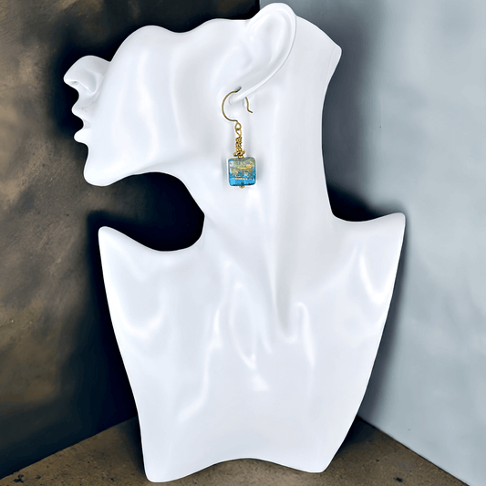 Blue and Gold Murano Glass Drop Earrings with Gold Filled Earring Wires  