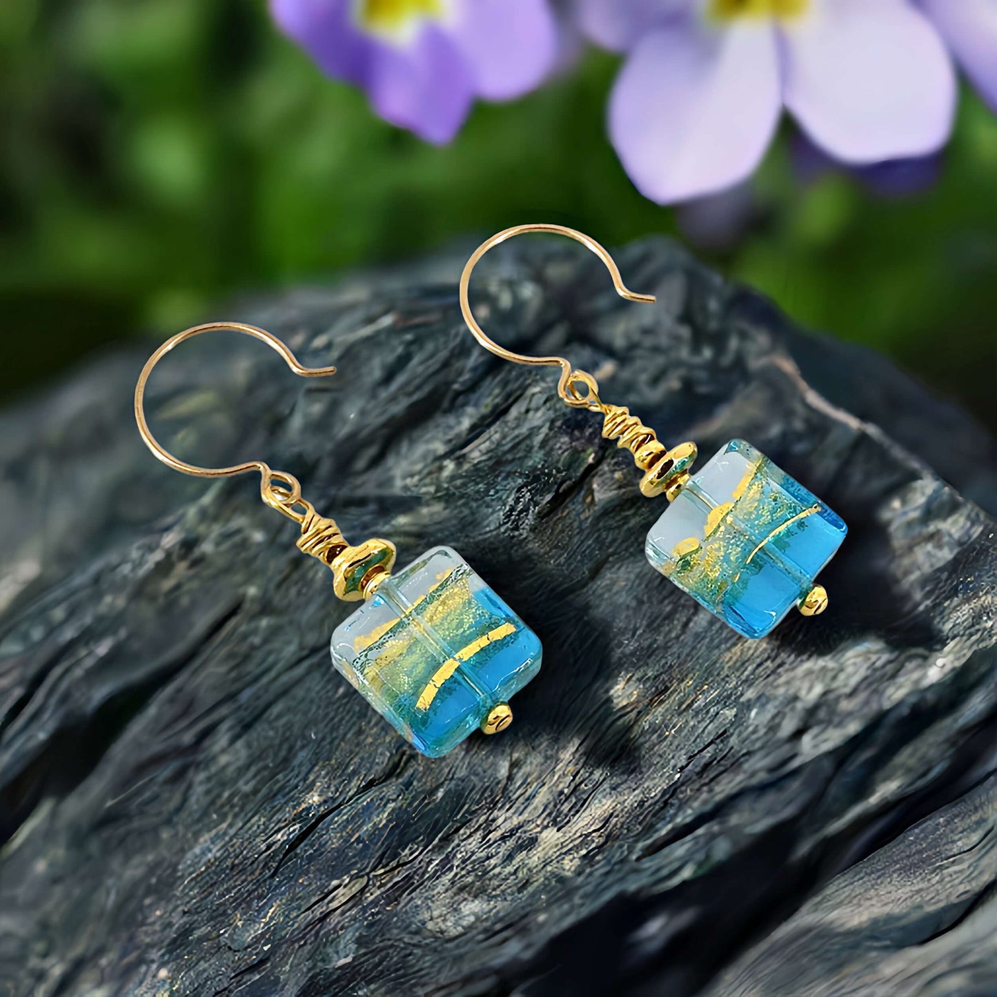 Blue and Gold Murano Glass Drop Earrings with Gold Filled Earring Wires  