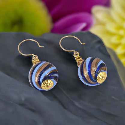 Blue and Gold Swirl Glass Bead Murano Glass Earrings with Austrian Crystals on Gold Filled Earring Wires  