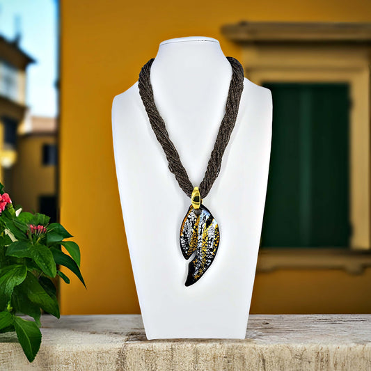 Brown Seed Bead Necklace with Large Gold and Black Murano Glass Pendant  