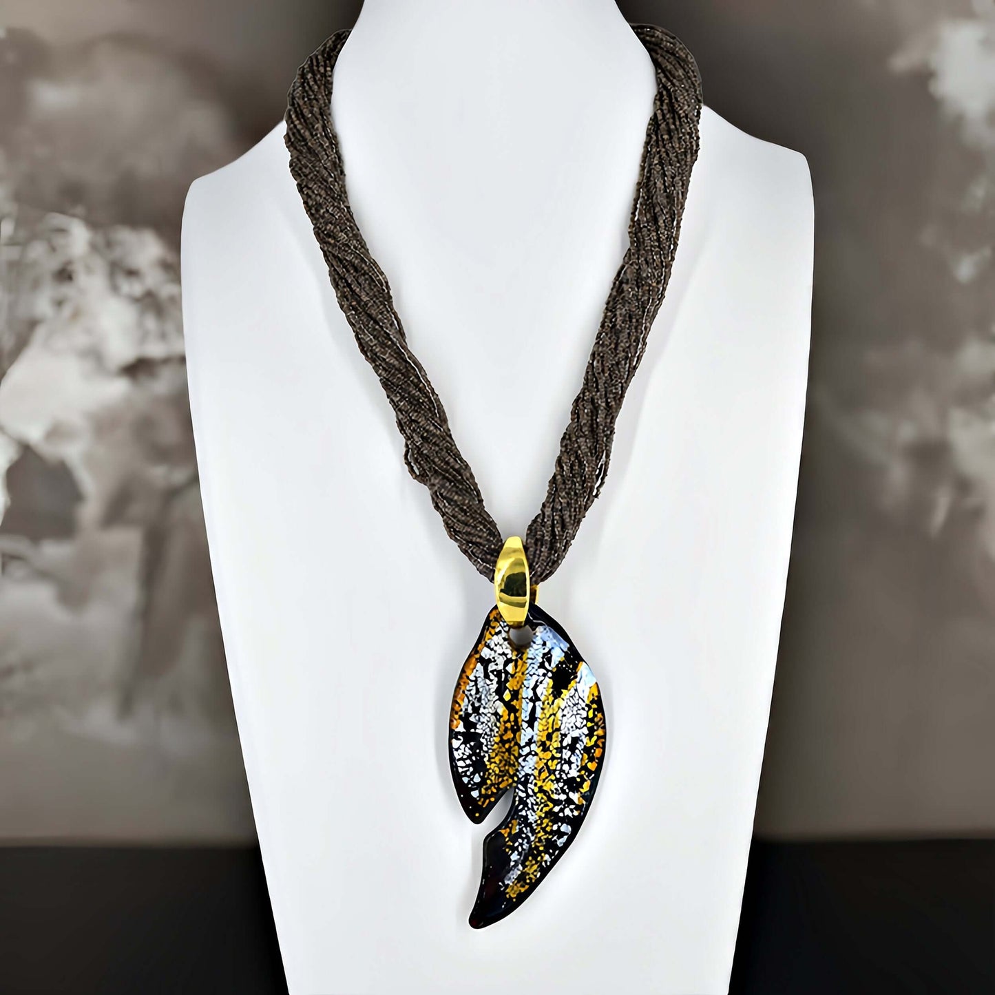 Brown Seed Bead Necklace with Large Gold and Black Murano Glass Pendant  