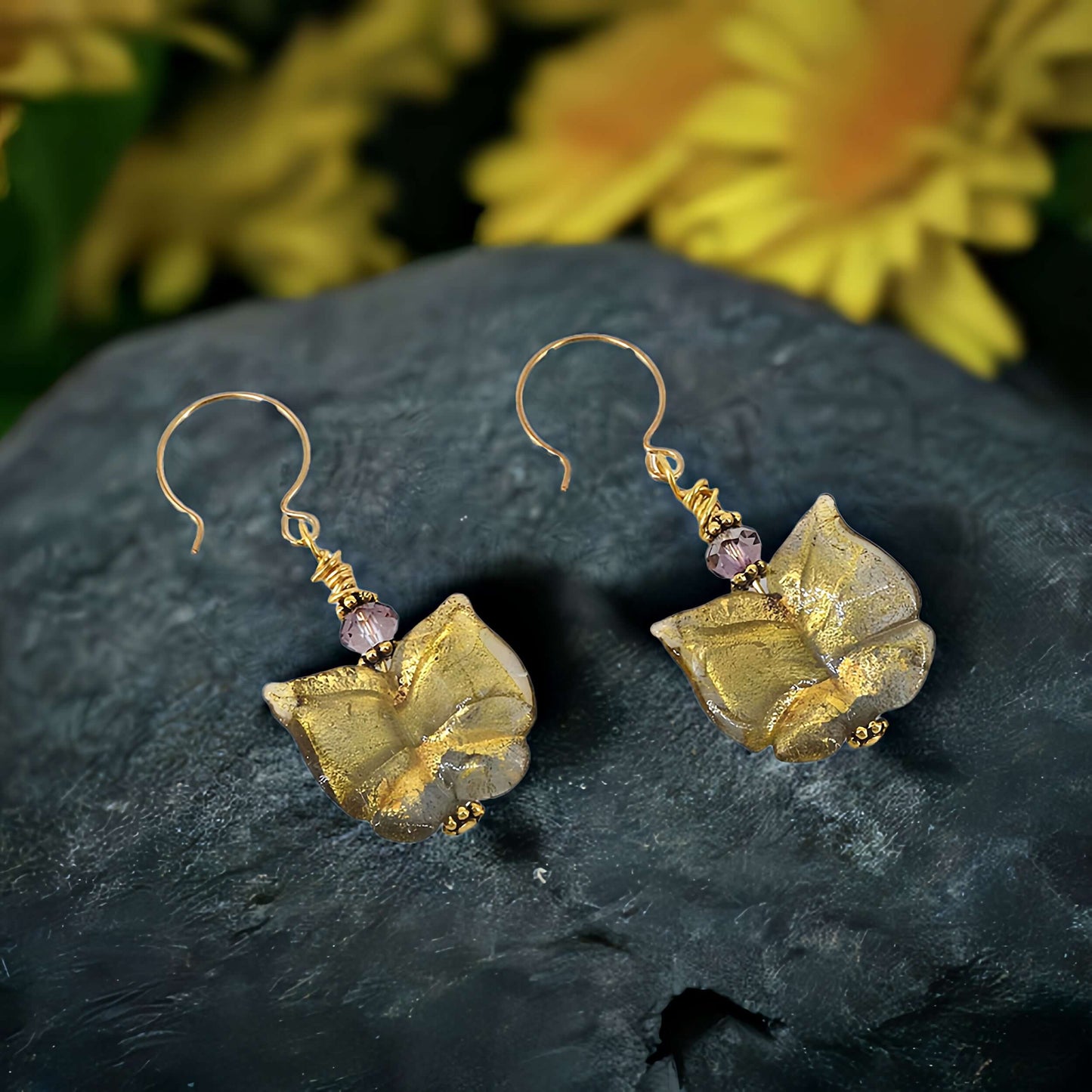 Gold Murano Glass Butterfly Earrings with Austrian Crystals on Gold Filled Earrings  