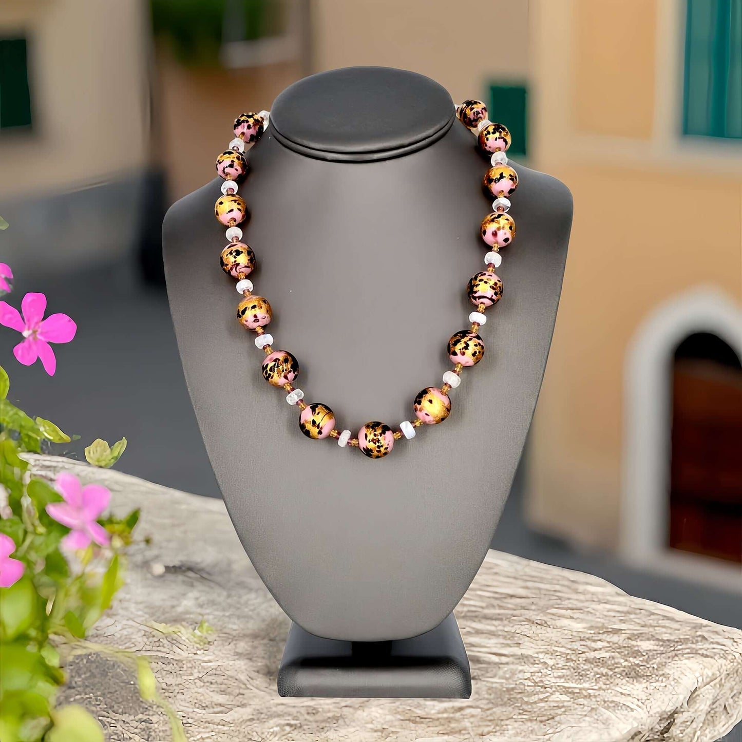 Pink Leopard Spot Italian Bead Necklace with Citrine, Garnet and Moonstone Beads - Sterling Silver Clasp  