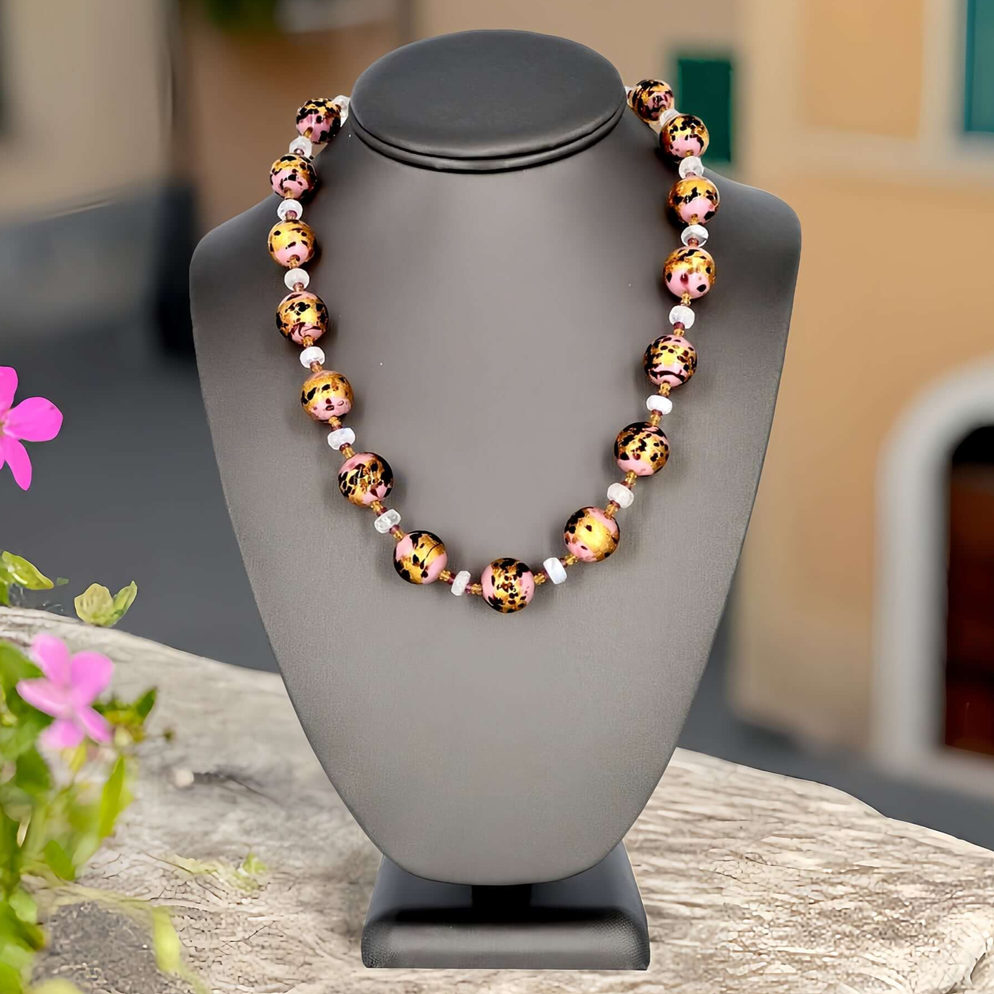 Pink Leopard Spot Italian Bead Necklace with Citrine, Garnet and Moonstone Beads - Sterling Silver Clasp  