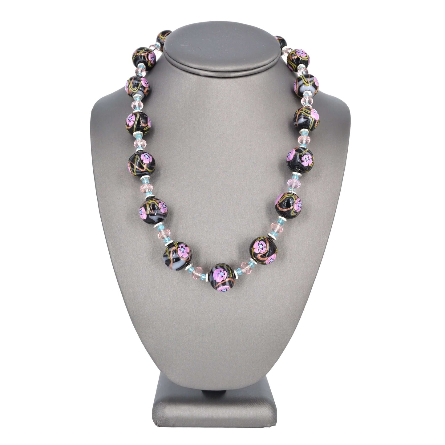 Italian Black Pink Floral Murano Glass, Apatite and Pink Austrian Crystal Necklace - Sterling Silver Clasp  