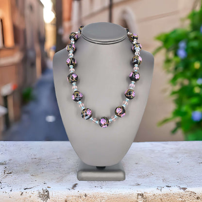 Italian Black Pink Floral Murano Glass, Apatite and Pink Austrian Crystal Necklace - Sterling Silver Clasp  