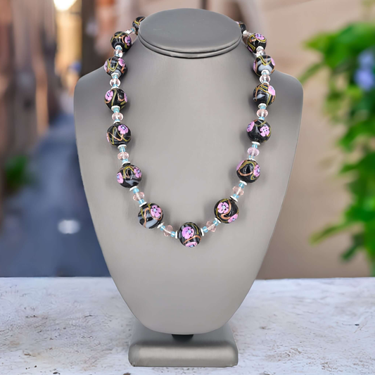 Italian Black Pink Floral Murano Glass, Apatite and Pink Austrian Crystal Necklace - Sterling Silver Clasp  