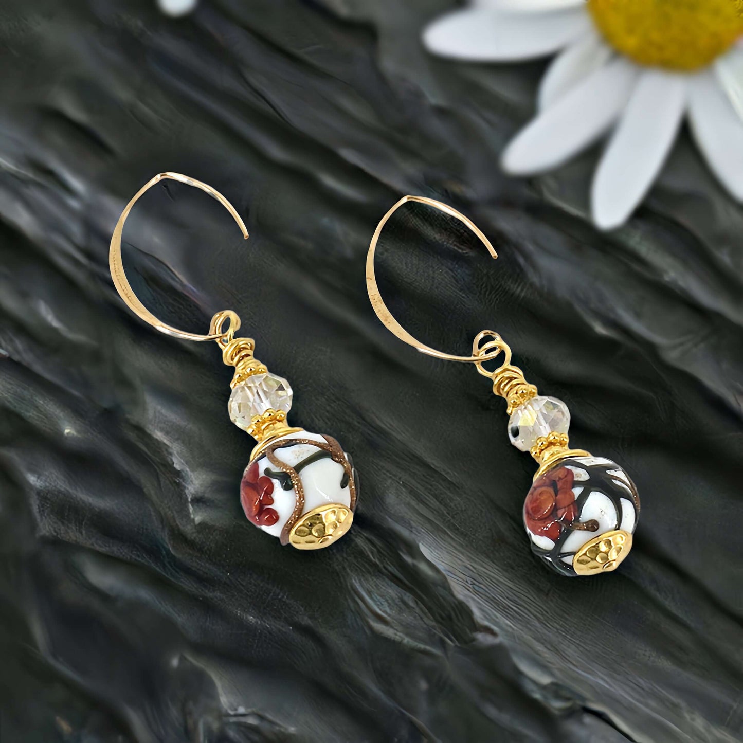 Red Floral Round Bead Murano Glass Dangle Earrings with Austrian Crystal on Gold-Filled Earring Wires  