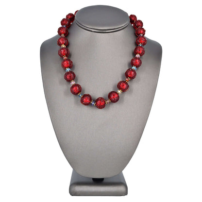 Garnet Red Glacier Italian Venetian Bead Necklace with Citrine and Austrian Crystals - Sterling Silver Clasp  