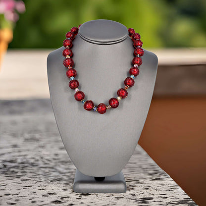 Garnet Red Glacier Italian Venetian Bead Necklace with Citrine and Austrian Crystals - Sterling Silver Clasp  