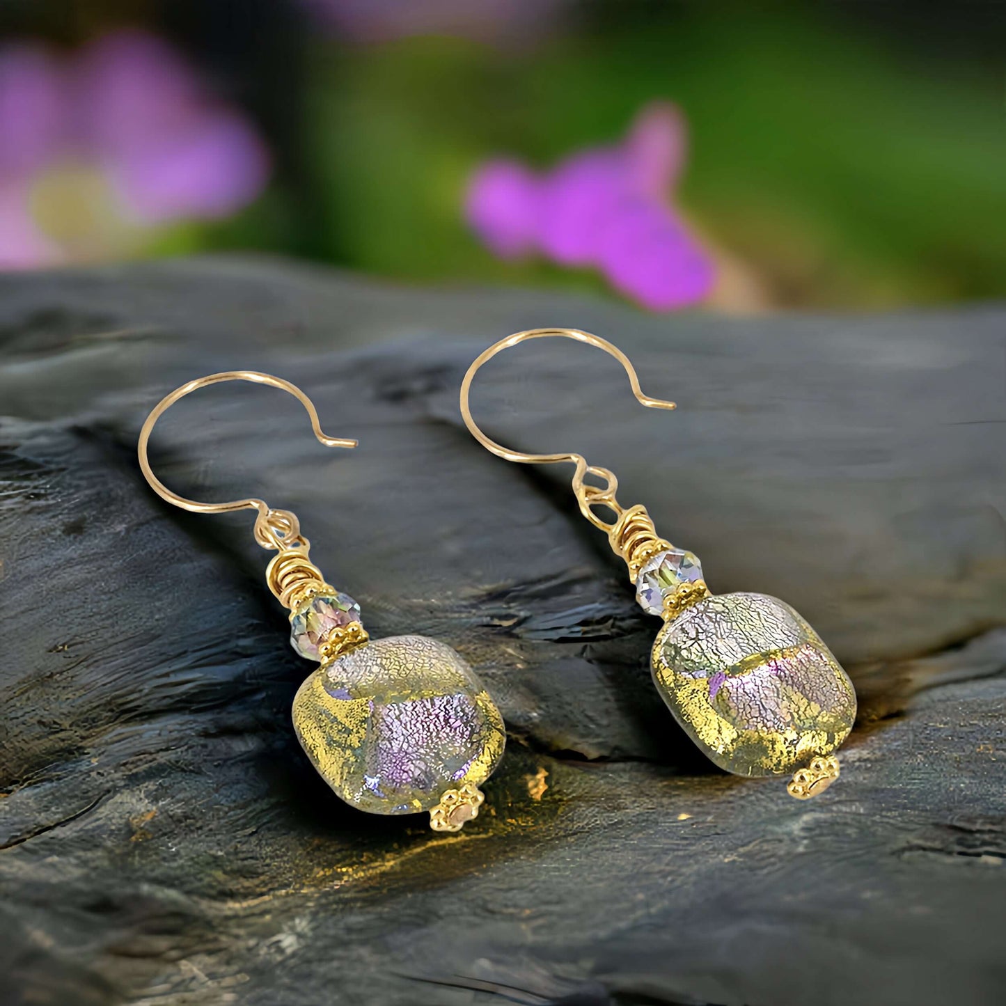 Multi-Color Gold and Pink Dichoric Venetian Bead Glass Earrings with Austrian Crystals on Gold Filled Earring Wires  