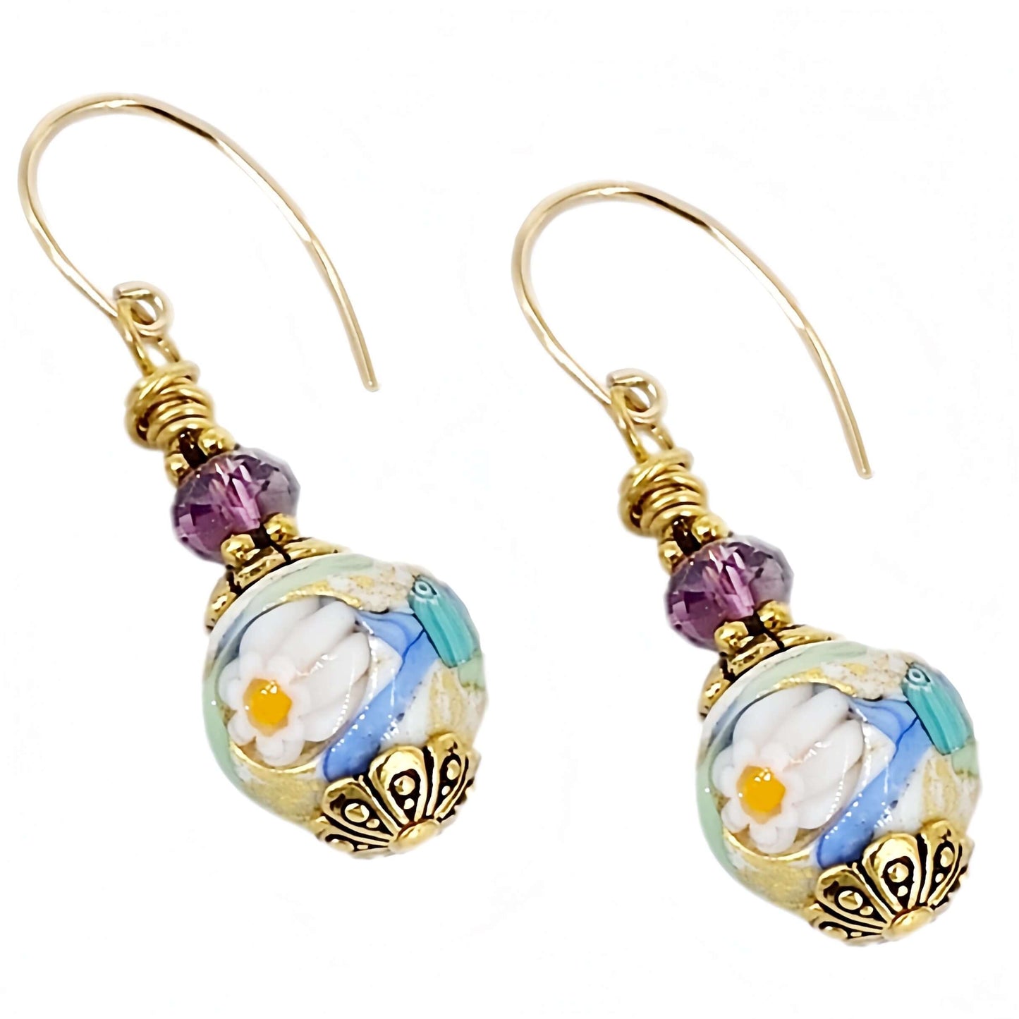 Stunning Millefiori Floral Earrings with Austrian Crystal and Gold Filled Ear Wires  