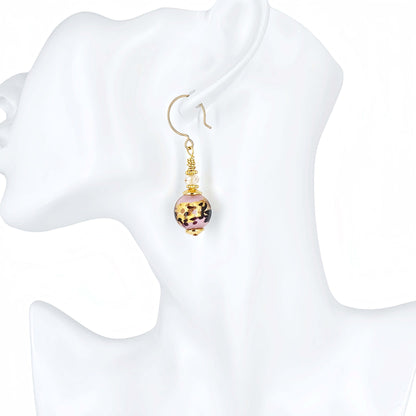 Pink Leopard Spot Italian Glass Bead Earring with Austrian Crystals and Gold-Filled Earwires  