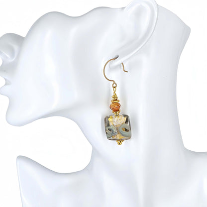 Green and Gold Square Murano Glass Earrings with Austrian Crystals on Gold Filled Earring Wire  