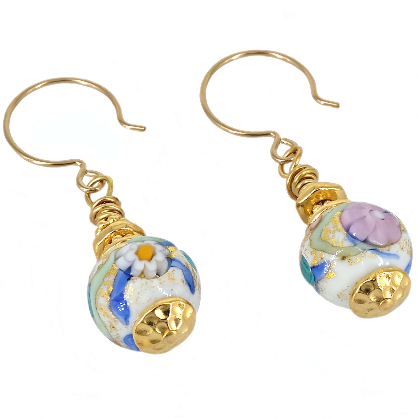 Multicolor Floral Murano Glass Earrings with Austrian Crystals on Gold Filled Earring Wires  