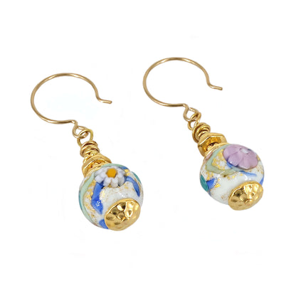 Multicolor Floral Murano Glass Earrings with Austrian Crystals on Gold Filled Earring Wires  