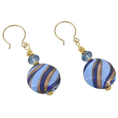 Blue Stripe Venetian Glass Earrings with Austrian Crystal on Gold Filled Earwires  